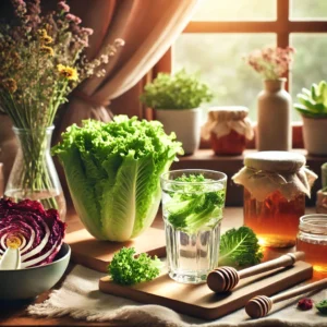 DALLE 2024-09-28 082317 - A peaceful kitchen setup with a clear glass of lettuce water surrounded by various fresh lettuce leaves like romaine red leaf and iceberg The envi - Daily Health Tips: Simple Tricks for a Healthier Life Lettuce Water